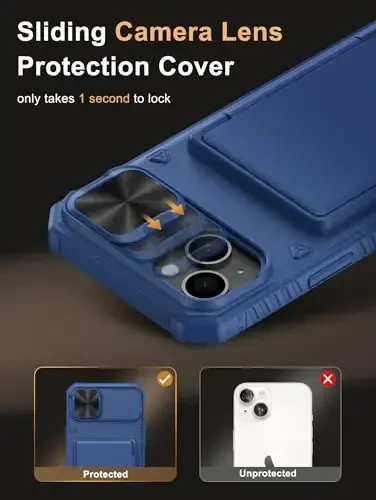 Vihibii iPhone 15 Plus/iPhone 14 Plus uchun karta ushlagichli hamyon g'ilofi (4 ta karta), [RFID blokirovka] va slayd linzali kamera qopqog'i va ko'tarilgan qirralar ekranini himoya qiladi, zarbaga chidamli mustahkam hamyon telefon g'ilofi, ko'k - 4