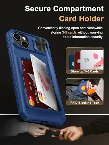 Vihibii iPhone 15 Plus/iPhone 14 Plus uchun karta ushlagichli hamyon g'ilofi (4 ta karta), [RFID blokirovka] va slayd linzali kamera qopqog'i va ko'tarilgan qirralar ekranini himoya qiladi, zarbaga chidamli mustahkam hamyon telefon g'ilofi, ko'k - 3