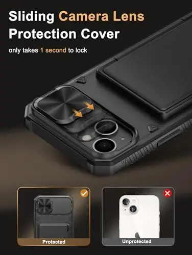 Vihibii iPhone 15 Plus/iPhone 14 Plus uchun kartochka ushlagichi (4 ta kartochka) bilan [RFID blokirovkasi] va sirg'anchiq kamera qopqog'i, harbiy darajadagi tushishdan himoya, mustahkam qattiq orqa va silikon qirrali hamyon g'ilofi, qora - 4