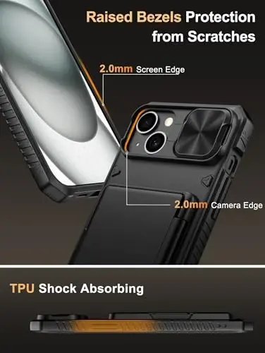 Vihibii iPhone 15 Plus/iPhone 14 Plus uchun kartochka ushlagichi (4 ta kartochka) bilan [RFID blokirovkasi] va sirg'anchiq kamera qopqog'i, harbiy darajadagi tushishdan himoya, mustahkam qattiq orqa va silikon qirrali hamyon g'ilofi, qora - 6