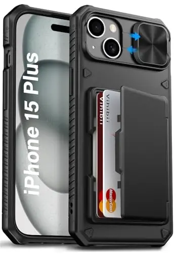 Vihibii iPhone 15 Plus/iPhone 14 Plus uchun kartochka ushlagichi (4 ta kartochka) bilan [RFID blokirovkasi] va sirg'anchiq kamera qopqog'i, harbiy darajadagi tushishdan himoya, mustahkam qattiq orqa va silikon qirrali hamyon g'ilofi, qora 