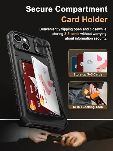 Vihibii iPhone 15 Plus/iPhone 14 Plus uchun kartochka ushlagichi (4 ta kartochka) bilan [RFID blokirovkasi] va sirg'anchiq kamera qopqog'i, harbiy darajadagi tushishdan himoya, mustahkam qattiq orqa va silikon qirrali hamyon g'ilofi, qora - 3