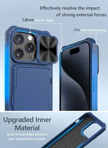 Vihibii for iPhone 15 Pro Wallet Case with Card Holder (4 Cards) & Slide Camera Lens Protective Cover & Kickstand, Heavy Duty Shockproof Rugged Durable Phone Case for iPhone 15 Pro 5G 6.1