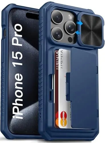 Vihibii for iPhone 15 Pro Wallet Case with Card Holder (4 Cards) & Slide Camera Lens Protective Cover & Kickstand, Heavy Duty Shockproof Rugged Durable Phone Case for iPhone 15 Pro 5G 6.1
