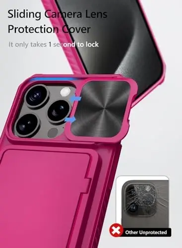 Vihibii for iPhone 15 Pro Case with Card Holder (4 Cards) & Slide Camera Cover & Kickstand, Shockproof Rugged Hard Back & TPU Soft Edge Wallet Phone Case for iPhone 15 Pro 5G 6.1