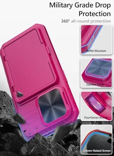 Vihibii for iPhone 15 Pro Case with Card Holder (4 Cards) & Slide Camera Cover & Kickstand, Shockproof Rugged Hard Back & TPU Soft Edge Wallet Phone Case for iPhone 15 Pro 5G 6.1