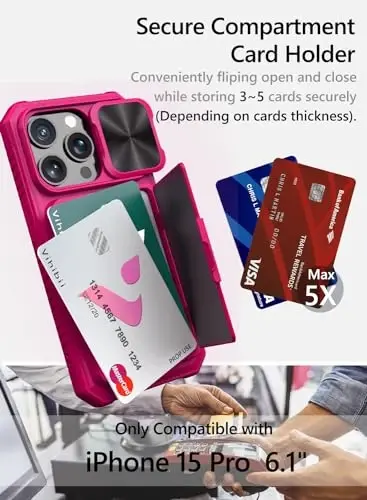 Vihibii for iPhone 15 Pro Case with Card Holder (4 Cards) & Slide Camera Cover & Kickstand, Shockproof Rugged Hard Back & TPU Soft Edge Wallet Phone Case for iPhone 15 Pro 5G 6.1