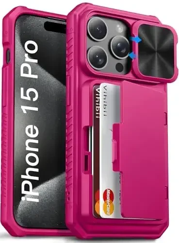 Vihibii for iPhone 15 Pro Case with Card Holder (4 Cards) & Slide Camera Cover & Kickstand, Shockproof Rugged Hard Back & TPU Soft Edge Wallet Phone Case for iPhone 15 Pro 5G 6.1