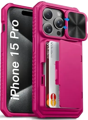 Vihibii for iPhone 15 Pro Case with Card Holder (4 Cards) & Slide Camera Cover & Kickstand, Shockproof Rugged Hard Back & TPU Soft Edge Wallet Phone Case for iPhone 15 Pro 5G 6.1