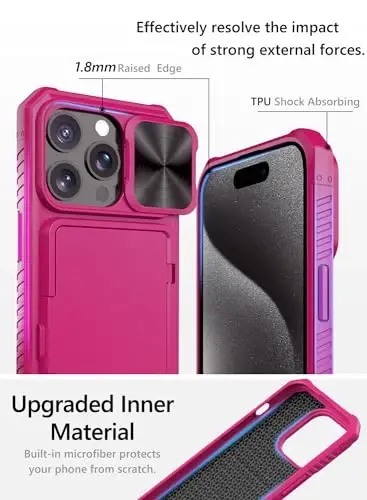 Vihibii for iPhone 15 Pro Case with Card Holder (4 Cards) & Slide Camera Cover & Kickstand, Shockproof Rugged Hard Back & TPU Soft Edge Wallet Phone Case for iPhone 15 Pro 5G 6.1