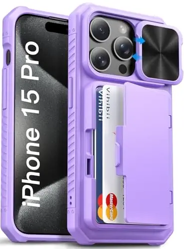 Vihibii for iPhone 15 Pro Case with Card Holder (4 Cards) & Slide Camera Cover & Kickstand, Shockproof Rugged Durable Hard Back & Soft Edge Wallet Phone Case for iPhone 15 Pro 5G 6.1