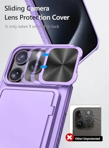 Vihibii for iPhone 15 Pro Case with Card Holder (4 Cards) & Slide Camera Cover & Kickstand, Shockproof Rugged Durable Hard Back & Soft Edge Wallet Phone Case for iPhone 15 Pro 5G 6.1