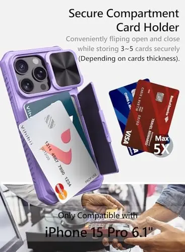 Vihibii for iPhone 15 Pro Case with Card Holder (4 Cards) & Slide Camera Cover & Kickstand, Shockproof Rugged Durable Hard Back & Soft Edge Wallet Phone Case for iPhone 15 Pro 5G 6.1