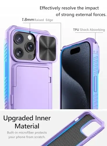 Vihibii for iPhone 15 Pro Case with Card Holder (4 Cards) & Slide Camera Cover & Kickstand, Shockproof Rugged Durable Hard Back & Soft Edge Wallet Phone Case for iPhone 15 Pro 5G 6.1