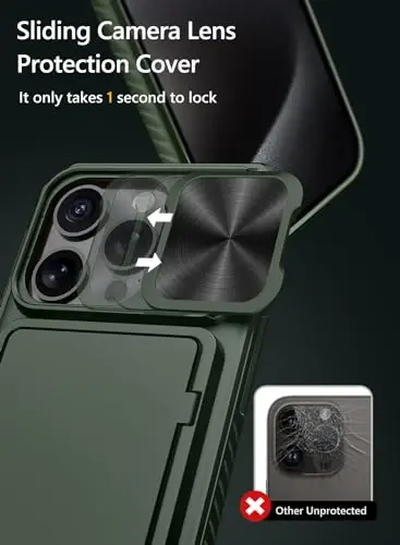 Vihibii for iPhone 15 Pro Case Wallet with Card Holder (4 Cards), Green | Slide Camera Cover, Kickstand, Military Grade Drop Protection, Rugged Hard Back, Silicone Edge Wallet Phone Case, 2023, Green - VIHIBII (1)