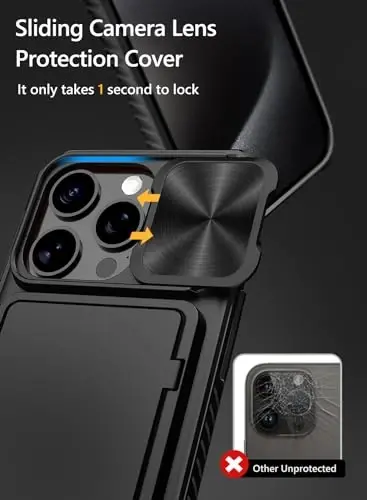 Vihibii for iPhone 15 Pro Max Case with Card Holder (4 Cards), Built-in 2X Privacy Screen Protector & Slide Camera Cover & Kickstand, Military Grade Drop Protection, Rugged Wallet Case, Black - 4