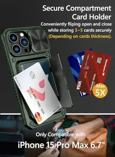 Vihibii iPhone 15 Pro Max uchun Card Holder bilan (4 ta karta), 2X закаленное shisha ekran himoyachisi va sürgülü kamera qopqog'i va подставка, Harbiy darajadagi tushishdan himoya, Qo'pol hamyon g'ilofi, Yashil - 4