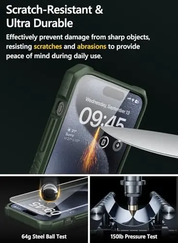 Vihibii iPhone 15 Pro Max uchun Card Holder bilan (4 ta karta), 2X закаленное shisha ekran himoyachisi va sürgülü kamera qopqog'i va подставка, Harbiy darajadagi tushishdan himoya, Qo'pol hamyon g'ilofi, Yashil - 3