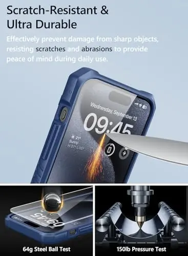 Vihibii iPhone 15 Pro Max uchun karta ushlagichi (4 ta karta), o'rnatilgan 2X закалённое shisha ekran himoyachisi va surma kamera qopqog'i va tayanch, harbiy darajadagi tushishdan himoya, mustahkam hamyon g'ilofi, ko'k - 3