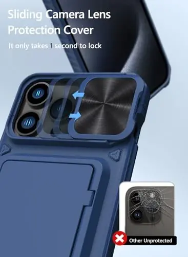 Vihibii iPhone 15 Pro Max uchun karta ushlagichi (4 ta karta), o'rnatilgan 2X закалённое shisha ekran himoyachisi va surma kamera qopqog'i va tayanch, harbiy darajadagi tushishdan himoya, mustahkam hamyon g'ilofi, ko'k - 5