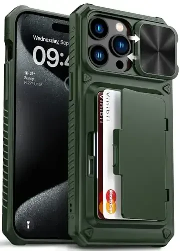 Vihibii iPhone 15 Pro Max uchun karta ushlagichli (4 ta karta) g'ilof va sirg'anuvchi kamera qopqog'i va tayanchi, harbiy darajadagi tushishdan himoya, mustahkam qattiq orqa va silikon qirrali hamyonli telefon g'ilofi, 6.7