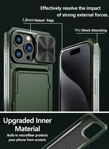 Vihibii iPhone 15 Pro Max uchun karta ushlagichli (4 ta karta) g'ilof va sirg'anuvchi kamera qopqog'i va tayanchi, harbiy darajadagi tushishdan himoya, mustahkam qattiq orqa va silikon qirrali hamyonli telefon g'ilofi, 6.7