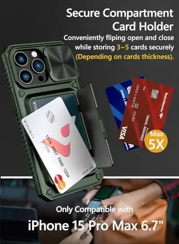 Vihibii iPhone 15 Pro Max uchun karta ushlagichli (4 ta karta) g'ilof va sirg'anuvchi kamera qopqog'i va tayanchi, harbiy darajadagi tushishdan himoya, mustahkam qattiq orqa va silikon qirrali hamyonli telefon g'ilofi, 6.7