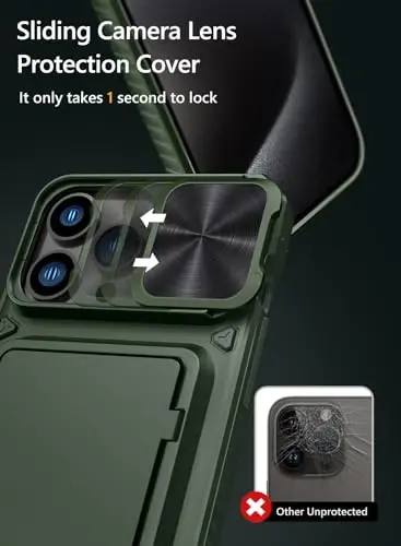 Vihibii iPhone 15 Pro Max uchun karta ushlagichli (4 ta karta) g'ilof va sirg'anuvchi kamera qopqog'i va tayanchi, harbiy darajadagi tushishdan himoya, mustahkam qattiq orqa va silikon qirrali hamyonli telefon g'ilofi, 6.7