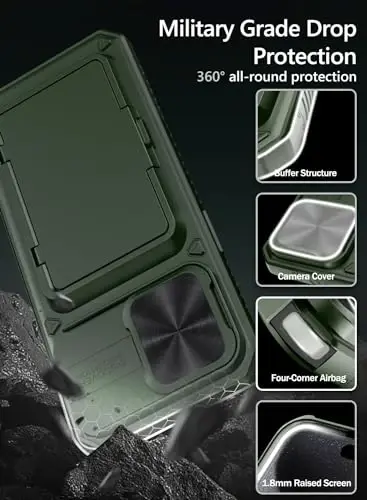 Vihibii iPhone 15 Pro Max uchun karta ushlagichli (4 ta karta) g'ilof va sirg'anuvchi kamera qopqog'i va tayanchi, harbiy darajadagi tushishdan himoya, mustahkam qattiq orqa va silikon qirrali hamyonli telefon g'ilofi, 6.7
