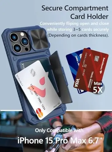 Vihibii iPhone 15 Pro Max uchun kartalar uchun hamyonli g'ilof (4 ta karta) va slayd linzalari himoya qopqog'i va tayanch va ko'tarilgan qirralar ekranini himoya qiladi, iPhone 15 Pro Max 6.7