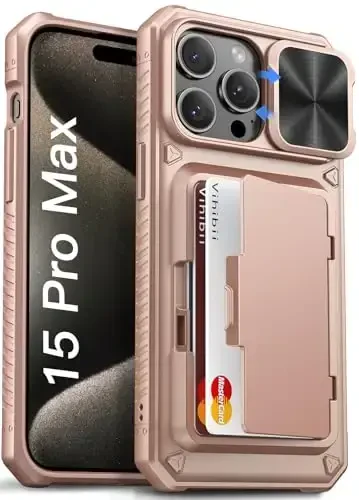 Vihibii iPhone 15 Pro Max uchun kartochka ushlagichi (4 ta kartochka) va siljituvchi linza qopqog'i va tayanchi bo'lgan hamyonli g'ilof, zarbaga chidamli mustahkam qattiq orqa va ko'tarilgan qirralari iPhone 15 Pro Max uchun himoya g'ilofi, 6,7