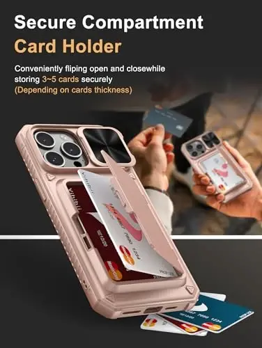 Vihibii iPhone 15 Pro Max uchun kartochka ushlagichi (4 ta kartochka) va siljituvchi linza qopqog'i va tayanchi bo'lgan hamyonli g'ilof, zarbaga chidamli mustahkam qattiq orqa va ko'tarilgan qirralari iPhone 15 Pro Max uchun himoya g'ilofi, 6,7