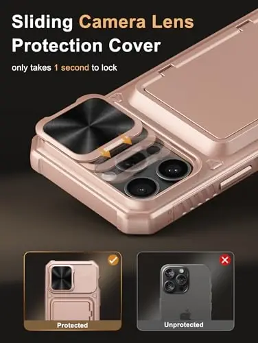 Vihibii iPhone 15 Pro Max uchun kartochka ushlagichi (4 ta kartochka) va siljituvchi linza qopqog'i va tayanchi bo'lgan hamyonli g'ilof, zarbaga chidamli mustahkam qattiq orqa va ko'tarilgan qirralari iPhone 15 Pro Max uchun himoya g'ilofi, 6,7