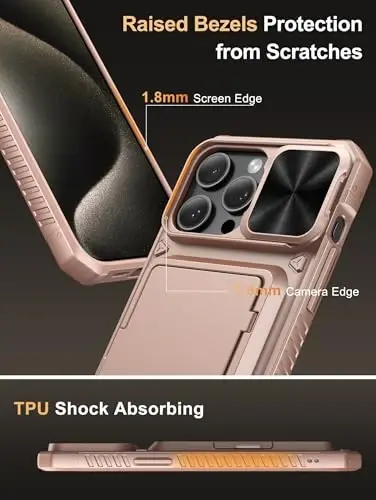 Vihibii iPhone 15 Pro Max uchun kartochka ushlagichi (4 ta kartochka) va siljituvchi linza qopqog'i va tayanchi bo'lgan hamyonli g'ilof, zarbaga chidamli mustahkam qattiq orqa va ko'tarilgan qirralari iPhone 15 Pro Max uchun himoya g'ilofi, 6,7