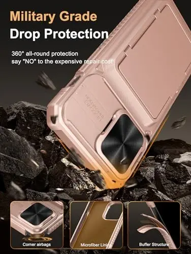 Vihibii iPhone 15 Pro Max uchun kartochka ushlagichi (4 ta kartochka) va siljituvchi linza qopqog'i va tayanchi bo'lgan hamyonli g'ilof, zarbaga chidamli mustahkam qattiq orqa va ko'tarilgan qirralari iPhone 15 Pro Max uchun himoya g'ilofi, 6,7