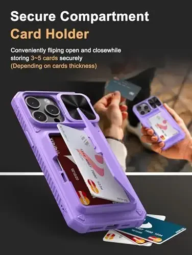 Vihibii iPhone 15 Pro Max uchun kartochkali hamyonli g‘ilof (4 ta kartochka) & Sürgülü linza qopqog‘i & Stend, zarbga chidamli mustahkam qattiq orqa & iPhone 15 Pro Max uchun ko‘tarilgan qirralar himoya g‘ilofi, 5G 6.7