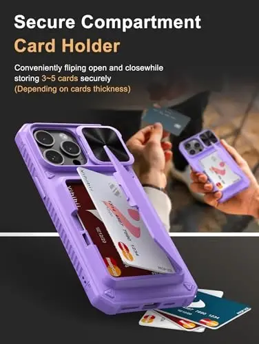 Vihibii iPhone 15 Pro Max uchun kartochkali hamyonli g‘ilof (4 ta kartochka) & Sürgülü linza qopqog‘i & Stend, zarbga chidamli mustahkam qattiq orqa & iPhone 15 Pro Max uchun ko‘tarilgan qirralar himoya g‘ilofi, 5G 6.7