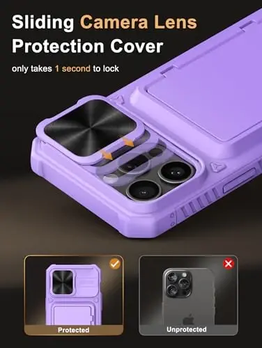 Vihibii iPhone 15 Pro Max uchun kartochkali hamyonli g‘ilof (4 ta kartochka) & Sürgülü linza qopqog‘i & Stend, zarbga chidamli mustahkam qattiq orqa & iPhone 15 Pro Max uchun ko‘tarilgan qirralar himoya g‘ilofi, 5G 6.7