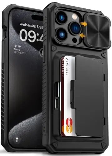 Vihibii iPhone 15 Pro Max uchun kartochqa joyi (4 ta kartochka) va slayderli kamera qopqog'i va taglik, harbiy darajadagi tushishdan himoya, mustahkam qattiq orqa tomon va silikon qirrali hamyonli telefon qopqog'i, 6,7 dyuym 2023, qora 