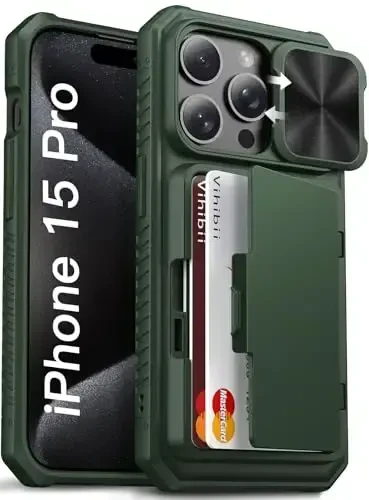 Vihibii iPhone 15 Pro uchun karta ushlagichi (4 karta) va sirg'anuvchi kamera linzalari qopqog'i va tayanchi va ko'tarilgan qirralari himoya ekrani bilan hamyon g'ilofi, iPhone 15 Pro 5G 6.1
