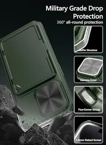 Vihibii iPhone 15 Pro uchun karta ushlagichi (4 karta) va sirg'anuvchi kamera linzalari qopqog'i va tayanchi va ko'tarilgan qirralari himoya ekrani bilan hamyon g'ilofi, iPhone 15 Pro 5G 6.1