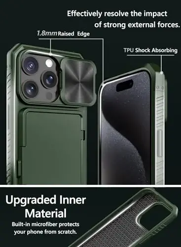 Vihibii iPhone 15 Pro uchun karta ushlagichi (4 karta) va sirg'anuvchi kamera linzalari qopqog'i va tayanchi va ko'tarilgan qirralari himoya ekrani bilan hamyon g'ilofi, iPhone 15 Pro 5G 6.1