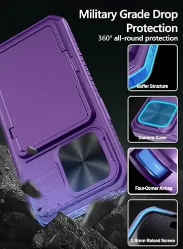 Vihibii iPhone 15 Pro uchun karta ushlagichli hamyon g'ilofi (4 ta karta) & Sürgülü kamera qopqog'i & O'rnatilgan tirgak & Ko'tarilgan qirralar himoyasi, zarbga chidamli mustahkam telefon qopqog'i iPhone 15 Pro 5G 6.1