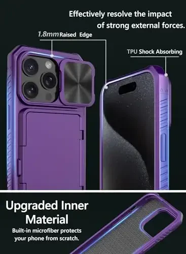 Vihibii iPhone 15 Pro uchun karta ushlagichli hamyon g'ilofi (4 ta karta) & Sürgülü kamera qopqog'i & O'rnatilgan tirgak & Ko'tarilgan qirralar himoyasi, zarbga chidamli mustahkam telefon qopqog'i iPhone 15 Pro 5G 6.1