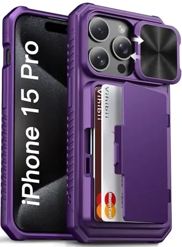 Vihibii iPhone 15 Pro uchun karta ushlagichli hamyon g'ilofi (4 ta karta) & Sürgülü kamera qopqog'i & O'rnatilgan tirgak & Ko'tarilgan qirralar himoyasi, zarbga chidamli mustahkam telefon qopqog'i iPhone 15 Pro 5G 6.1