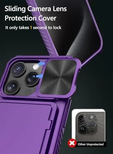 Vihibii iPhone 15 Pro uchun karta ushlagichli hamyon g'ilofi (4 ta karta) & Sürgülü kamera qopqog'i & O'rnatilgan tirgak & Ko'tarilgan qirralar himoyasi, zarbga chidamli mustahkam telefon qopqog'i iPhone 15 Pro 5G 6.1