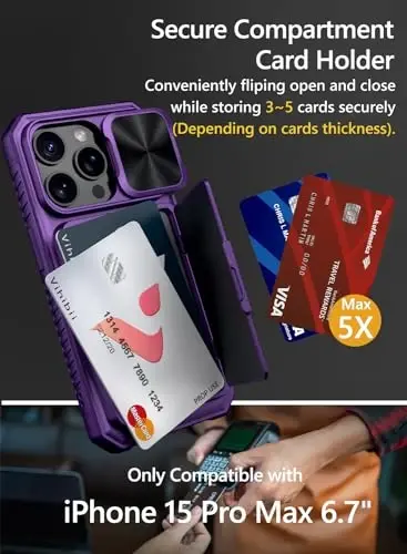 Vihibii iPhone 15 Pro uchun karta ushlagichli hamyon g'ilofi (4 ta karta) & Sürgülü kamera qopqog'i & O'rnatilgan tirgak & Ko'tarilgan qirralar himoyasi, zarbga chidamli mustahkam telefon qopqog'i iPhone 15 Pro 5G 6.1