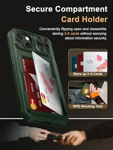 Vihibii iPhone 15/14/13 uchun hamyon gʻilofi, oʻrnatilgan karta ushlagichi (4 ta karta), RFID blokirovkasi va slaydli kamera qopqogʻi, harbiy darajadagi tushishdan himoya, TPU yumshoq qirrali telefon gʻilofi, yashil - 3