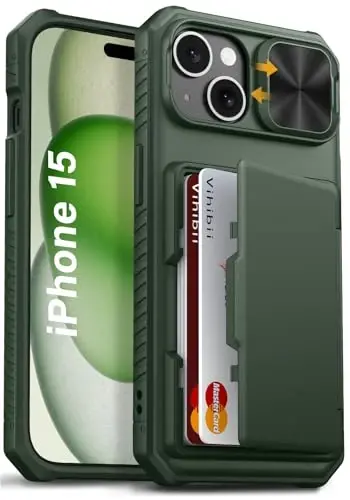Vihibii iPhone 15/14/13 uchun hamyon gʻilofi, oʻrnatilgan karta ushlagichi (4 ta karta), RFID blokirovkasi va slaydli kamera qopqogʻi, harbiy darajadagi tushishdan himoya, TPU yumshoq qirrali telefon gʻilofi, yashil 