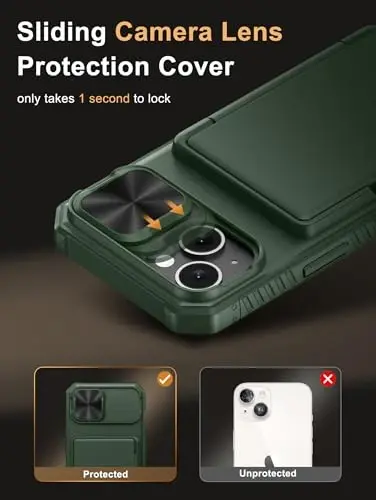 Vihibii iPhone 15/14/13 uchun hamyon gʻilofi, oʻrnatilgan karta ushlagichi (4 ta karta), RFID blokirovkasi va slaydli kamera qopqogʻi, harbiy darajadagi tushishdan himoya, TPU yumshoq qirrali telefon gʻilofi, yashil - 4